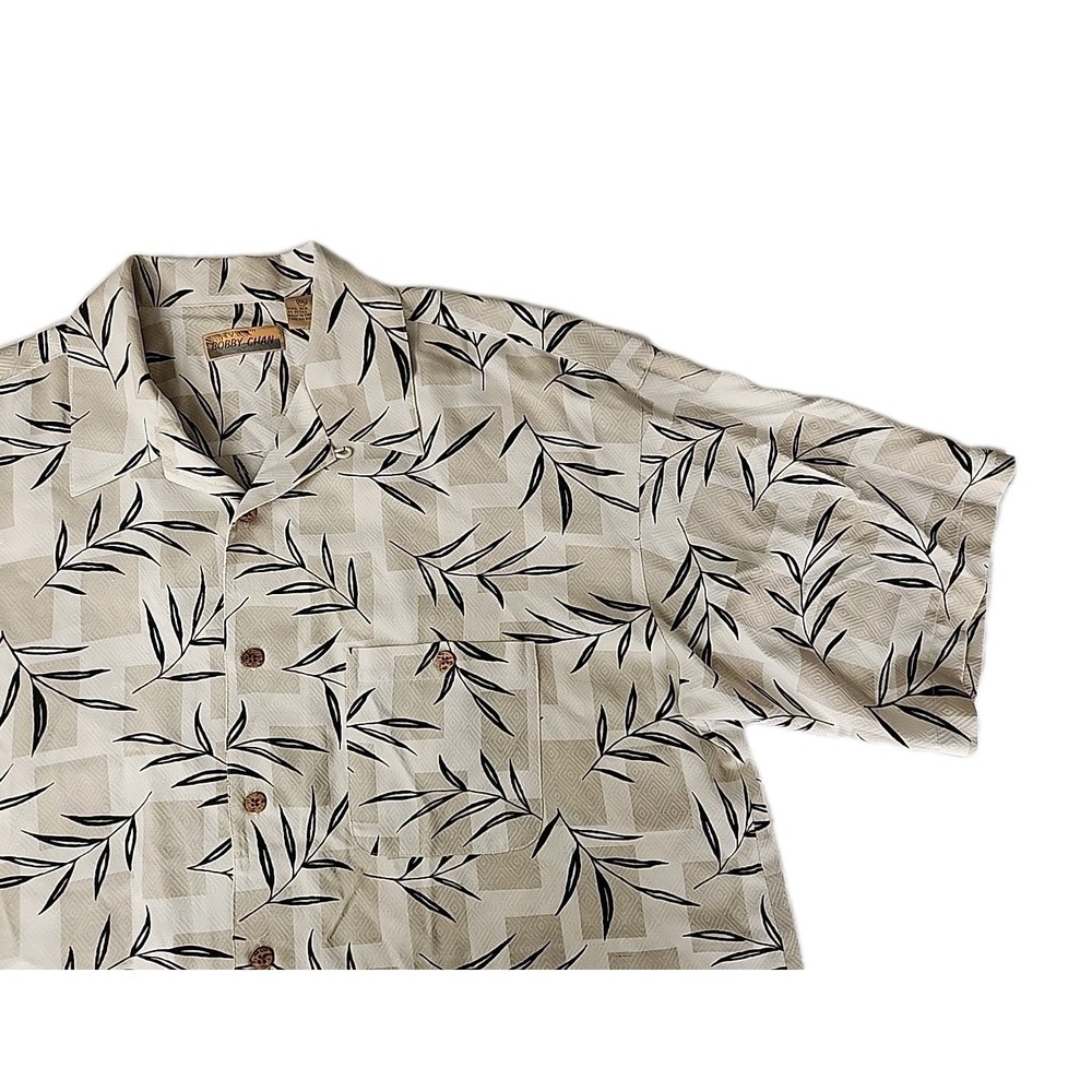 Bobby Chan Men's 2XL 100% Silk Hawaiian Ivory/Brown AOP Palm Leaf Camp Shirt EUC